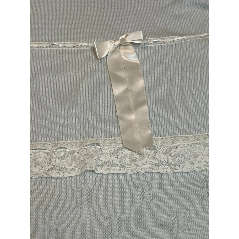 Bebe De France Couture‎ Baby Blanket 100% Virgin Wool Blue Lace Bow Made Italy
